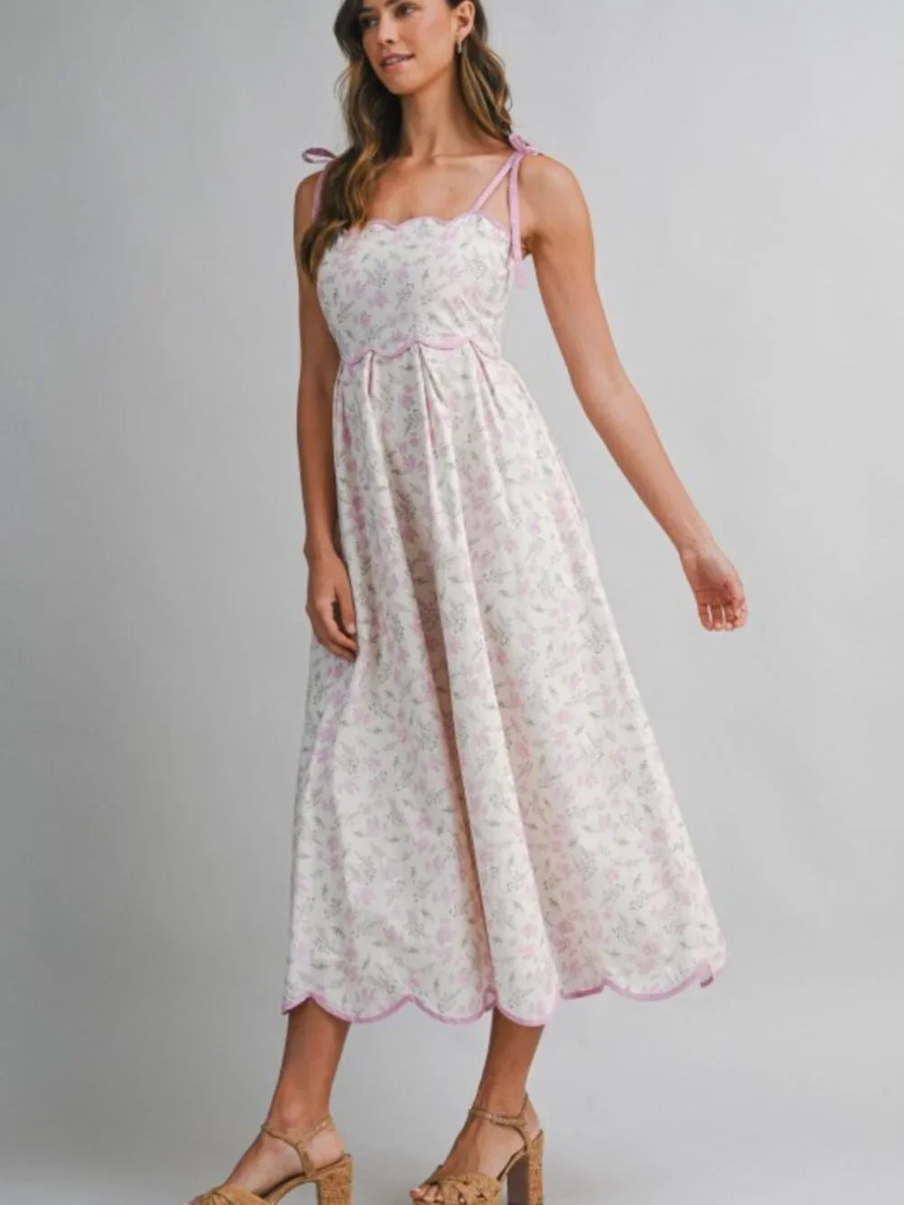 Floral Print Scallop Hem Contrast Self Tie Strap Midi Dress - Picture 3 of 7